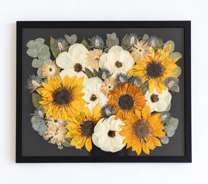 sunflower and pressed rose in a black premium frame