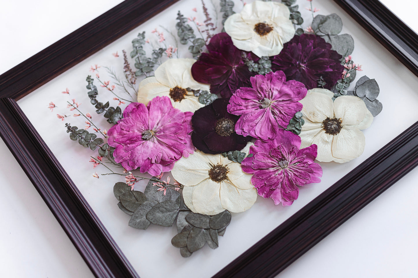 pressed wedding bouquet in classic brown frame 