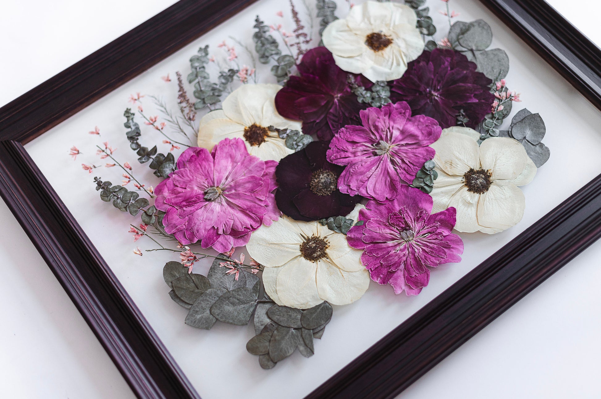 pressed wedding bouquet in classic brown frame 