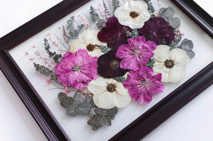 pressed wedding bouquet in classic brown frame 